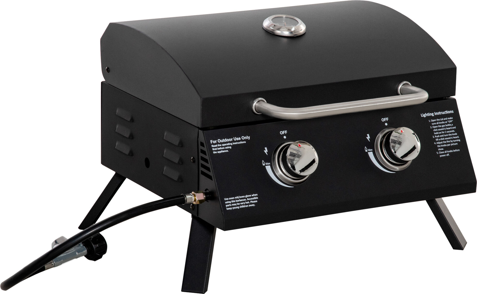 Outsunny 2 Burner Gas Barbecue Grill Garden Portable Tabletop BBQ w/ Folding Legs, Lid, Thermometer, Carbon Steel Body, Black