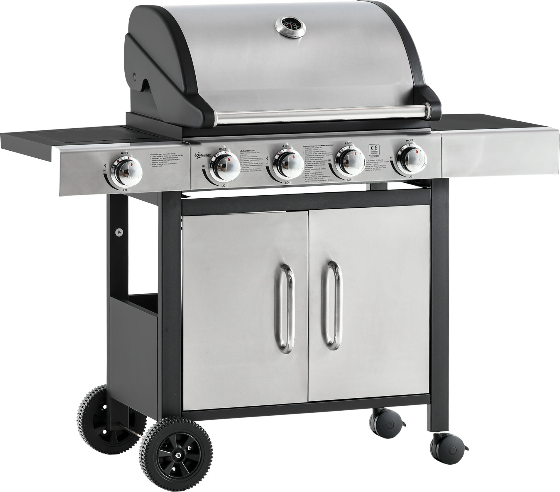 Outsunny Gas Burner Barbecue Grill 4+1 Burner Garden BBQ Trolley w/ Side Burner Warming Rack Side Shelves Piezo Ignition Thermometer Aosom UK