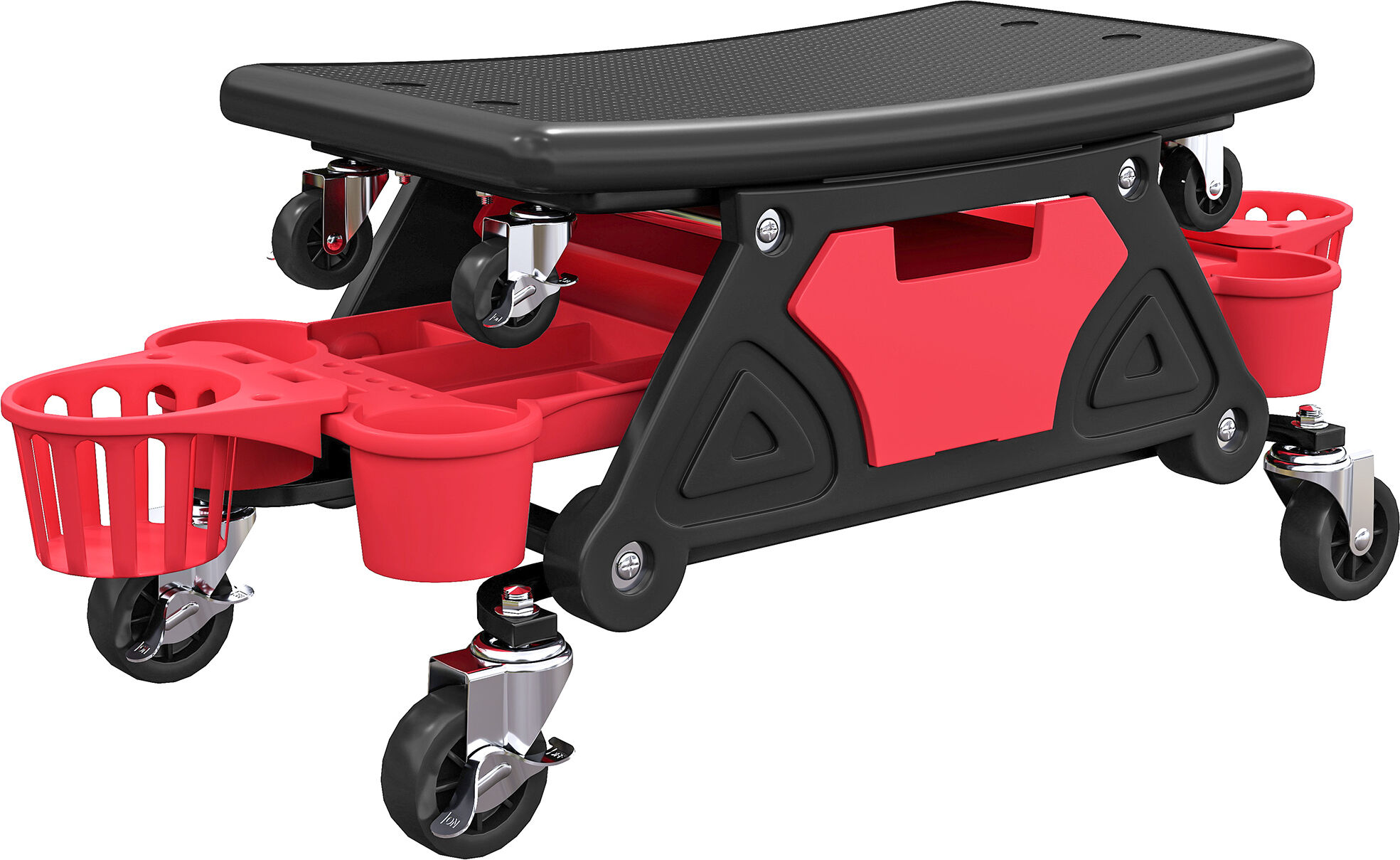 HOMCOM Rolling Mechanic Stool, 135kg Capacity Workshop Stool with 360° Swivel Wheels, Roller Creeper Seat with Slide Out Tool Trays, Drawer, Bottle Holders for Garage, Shop, Auto Repair, Red