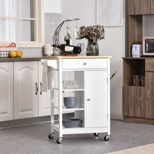 HOMCOM Kitchen Storage Trolley Unit w/ Wood Top 3 Shelves Cupboard Drawer Rail 4 Wheels Handles Moving Shelf Handy Spacesaver White