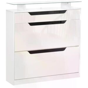 HOMCOM Shoe Cabinet High Gloss, 3 Drawer Storage, Tipping Bucket Design, Glass Top, 14 Pairs Capacity, White