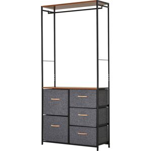 HOMCOM Chest of Drawers with Coat rack Steel Frame 5 Drawers  Bedroom Hallway Home Furniture Black Brown