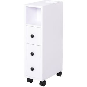 kleankin Slimline Bathroom Storage Unit w/ 2 Drawers 2 Open Compartments Wheels Handles Freestanding Compact Home Office Furniture White