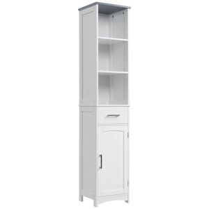Kleankin Tall Linen Tower Bathroom Cabinet, 3 Tier Shelf with Cupboard & Drawer, Slim Side Freestanding Organizer, White