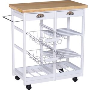 HOMCOM Rolling Kitchen Island Trolley Cart Drawer Shelves Basket Wheels W/  6 Bottle Wine Rack White