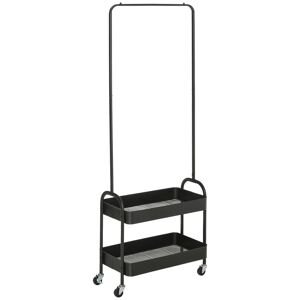 HOMCOM Freestanding Metal Clothes Rail with Shoe Storage, Coat Stand on Wheels, 2-Tier Hall Tree with Shelves, Black