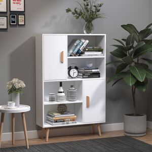 HOMCOM Sideboard Bookshelf Free Standing Bookcase Shelves Unit Display Storage Cabinet Wooden Leg w/ Two Doors White