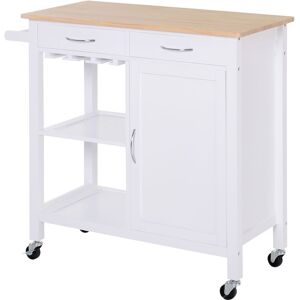 HOMCOM Kitchen Storage Trolley Cart Cupboard Rolling Wheels Shelves Cabinet Island W/ Drawers Towel Rail Wine Glass Rack Pine Wood Worktop  White