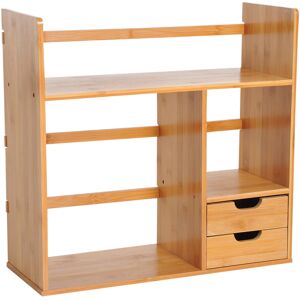 HOMCOM Desk Organiser, Bamboo Desktop Bookshelf with 2 Drawers and Stationery Storage, Reversible Use