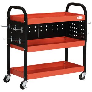 DURHAND 3 Tier Tool Cart, Shelf Storage Trolley with Wheels for Garage, Workshop, Warehouse, 10 Hooks, 100 kg Load, Red