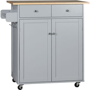 HOMCOM Rolling Kitchen Island on Wheels, Utility Serving Cart with Rubber Wood Top, Towel Rack, Hooks and Storage Drawers, Grey