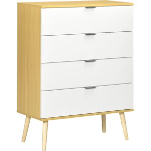 HOMCOM Chest of Drawers, 4-Drawer Storage Organiser Unit with Pine Wood Legs for Bedroom, Living Room, White and Natural