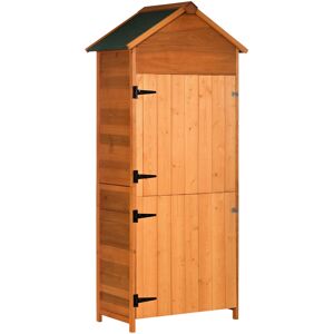 Outsunny 84 x 52cm Garden Shed 4-Tier Wooden Garden Outdoor Shed 3 Shelves Utility Gardener Cabinet Lockable Double Doors Tool Kit Storage - Teak