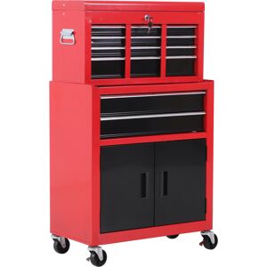 HOMCOM Tool Chest, Metal Tool Cabinet on Wheels with 6 Drawers, Pegboard, Top Chest and Roller Cabinet Combo, 61.6 x 33 x 108cm, Red