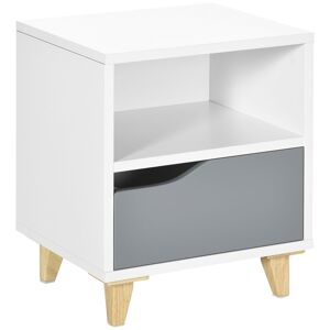 HOMCOM Contemporary Bedside Table, Compact Side Table with Drawer, Shelf, and Wooden Legs, 36.8x33x43.8cm, Grey and White