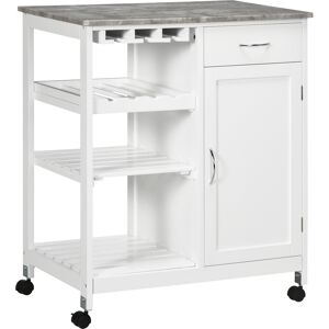 HOMCOM Compact Kitchen Trolley Utility Cart on Wheels with Wine Rack, Drawer, Open Shelf and Storage Cabinet for Dining Room, White