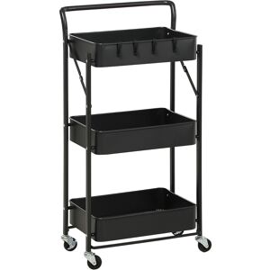 HOMCOM 3 Tier Storage Trolley Cart, Foldable Rolling Utility Cart with 3 Mesh Baskets, 4 Removable Hooks for Living Room, Laundry and Kitchen, Black