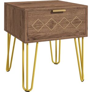 HOMCOM Modern Wooden Bedside Table with Drawer, Stylish Sofa Side Table with Gold Tone Metal Legs for Bedroom or Living Room