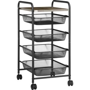 HOMCOM Storage Trolley on Wheels, Rolling Utility Serving Cart with 4 Mesh Trays for Living Room, Kitchen, Black