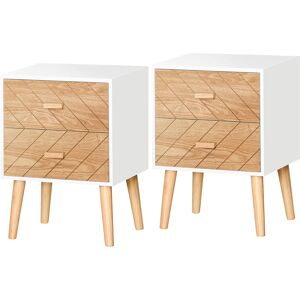 HOMCOM Wooden Bedside Table Set of 2, Bedroom Nightstand with 2 Drawers and Pine Legs, Natural Wood Storage Cabinet