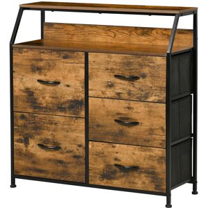 HOMCOM Bedroom Chest of Drawers, Industrial 5 Fabric Drawer Dresser with Open Shelf for Living Room, Rustic Brown