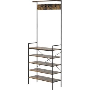 HOMCOM Coat Stand, Industrial Coat Rack w/ Shoe Storage, Free Standing Hall Tree w/ 5 Hooks, 5 Shelves, Steel Frame for Hallway, Entryway, Brown