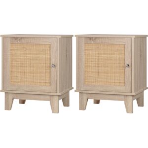 HOMCOM Bedside Table, Bedside Cabinet with Storage Cupboard, Side End Table with Rattan Element for Living Room, Bedroom, Set of 2, Natural