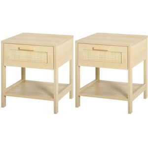 HOMCOM Bedside Nightstand Set of 2, with Rattan Drawer and Storage Shelf, for Bedroom, Living Room