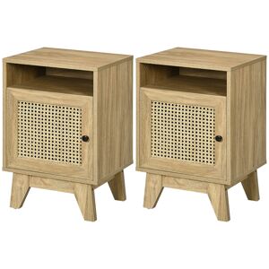 HOMCOM Bedside Table Set of 2, Side End Table with Rattan Element, Shelf and Cupboard, 39x35x60cm, Natural
