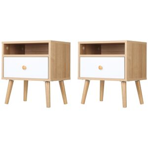 HOMCOM Pair of Natural Bedside Tables with Drawer and Shelf, Contemporary Nightstands, End Tables for Bedroom, Living Room, Natural.