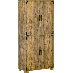 HOMCOM Farmhouse Style Tall Cupboard 4-Door Cabinet with Storage Shelves for Bedroom & Living Room, Rustic Wood Effect