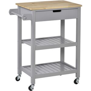 HOMCOM Kitchen Trolley Utility Cart on Wheels with Rubberwood Worktop, Towel Rack, Storage Shelves & Drawer for Dining Room, Grey