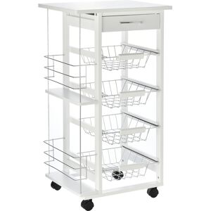 HOMCOM Multi-Use Kitchen Island Trolley w/ 4 Baskets 2 Side Racks Drawer Worktop 4 Wheels Worktop Food Storage Smooth Rolling Compact Furniture White