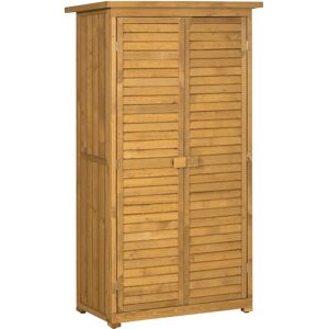 Outsunny Wooden Garden Storage Shed, Compact Utility Sentry Unit, 3-Tier Shelves Tool Cabinet Organizer with Asphalt Roof and Shutter Design