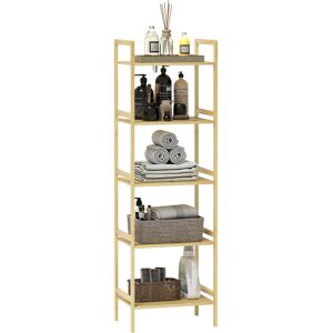 HOMCOM 5-Tier Bamboo Bathroom Storage Shelf, Freestanding Shelving Unit with Adjustable Rack for Kitchen Bathroom Living Room, Natural Wood Finish