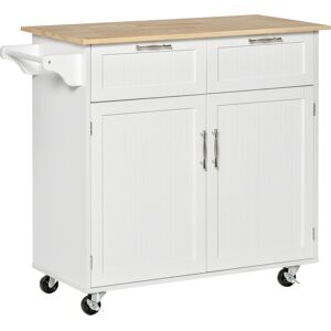 HOMCOM Modern Rolling Kitchen Island Storage Kitchen Cart Utility Trolley with Rubberwood Top, 2 Drawers, White Aosom UK