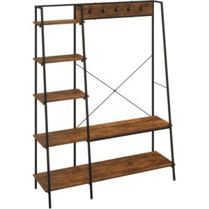 HOMCOM Hallway Unit, Free Standing Hall Tree w/ 2 Tier Shoe Rack, 5 Hooks, 5 Side Shelves & Steel Frame, Industrial Design, Brown, 117 x 38 x 169cm