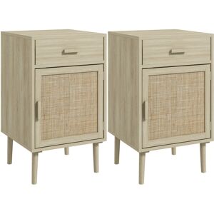 HOMCOM Bedside Tables Set of 2, Rattan Side Tables w/ Drawer, Cabinet, Adjustable Shelf, Bedside Cabinets w/ Storage for Living Room Aosom UK
