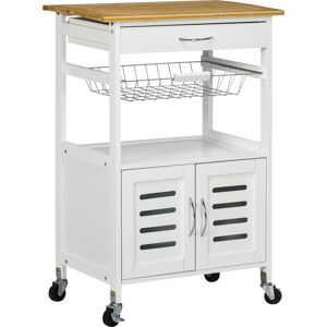 HOMCOM Rolling Kitchen Island Trolley Utility Cart on Wheels with Bamboo Table Top, Storage Cabinet, Drawer and Wire Basket - White