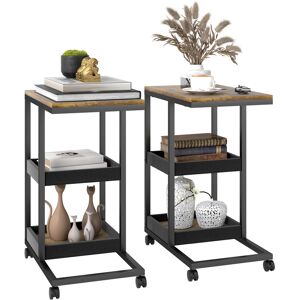 HOMCOM Mobile Sofa Side Table Set of 2, Industrial C-Shaped Rolling Couch Table with 3-Tier Storage Shelving Four Lockable Wheels Steel Frame, Dark Brown