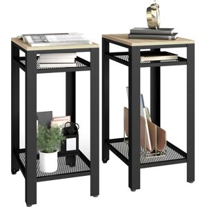 HOMCOM Tall Side Table Set of 2 with 3 Layer, 2 Shelves Storage Display Industrial-Style, Metal Frame, Bedside End Table for Living Room Bedroom, Oak and Black