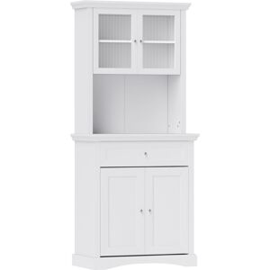 HOMCOM 4-Door Kitchen Cupboard with Drawer, Freestanding Kitchen Cabinet with Glass Doors, Adjustable Shelves and Open Counter, White