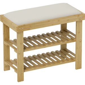 HOMCOM Bamboo Shoe Storage Bench, 3-Tier Shoe Bench with Seat Cushion, Shoe Rack for Entryway, Hallway, Living Room, Bedroom, Cream White