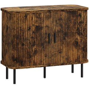 HOMCOM Mid-Century Modern Sideboard Storage Cabinet with Slatted Tambour Sliding Doors, Kitchen Cabinet with Steel Legs, Rustic Brown