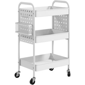 HOMCOM 3-tier Storage Trolley on Wheels, Rolling Utility Serving Cart w/ 3 Mesh Baskets, 2 Hanging Boxes & 6 Hooks for Living Room, White Aosom UK