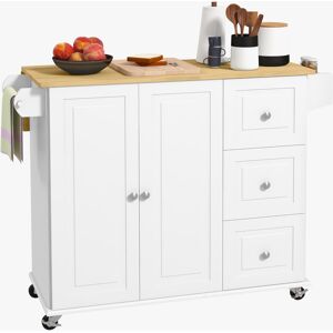 HOMCOM Kitchen Island with Drop Leaf, Rolling Kitchen Storage Trolley on Wheels with 3 Drawers, Spice Rack and Towel Rack, Storage Cart with Rubber Wood Top, White HOMCOM Kitchen Island with Drop Leaf, Rolling Kitchen Storage Trolley on Wheels with 3 Drawers, Spice Rack and Towel Rack, Storage Cart with Rubber Wood Top, White