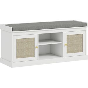HOMCOM Boho Shoe Storage Bench with Padded Cushion and Rattan Doors - White HOMCOM Boho Shoe Storage Bench with Padded Cushion and Rattan Doors - White