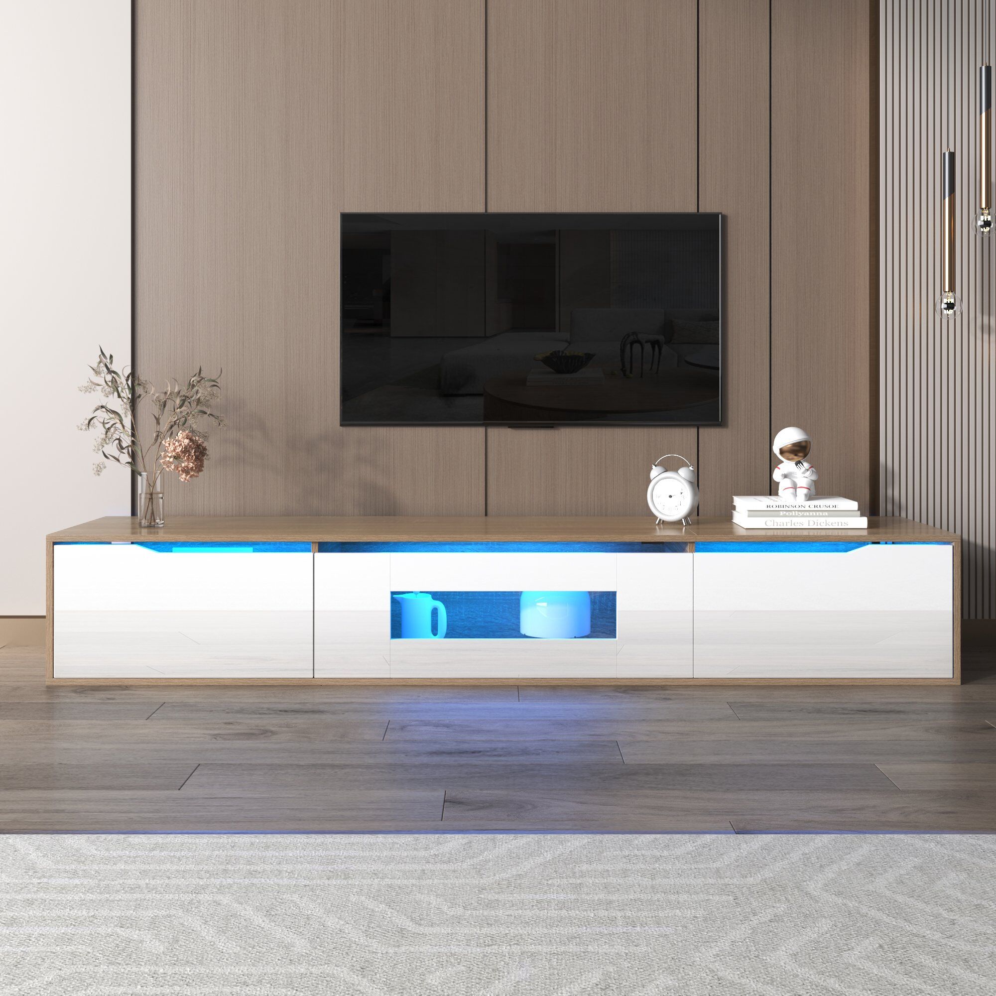 GP Store White TV Cabinet with High Gloss and Color Changing LED Lights, Media Unit with Storage for Living Room, Bedroom, 180x35x30 cm, White Aosom.UK