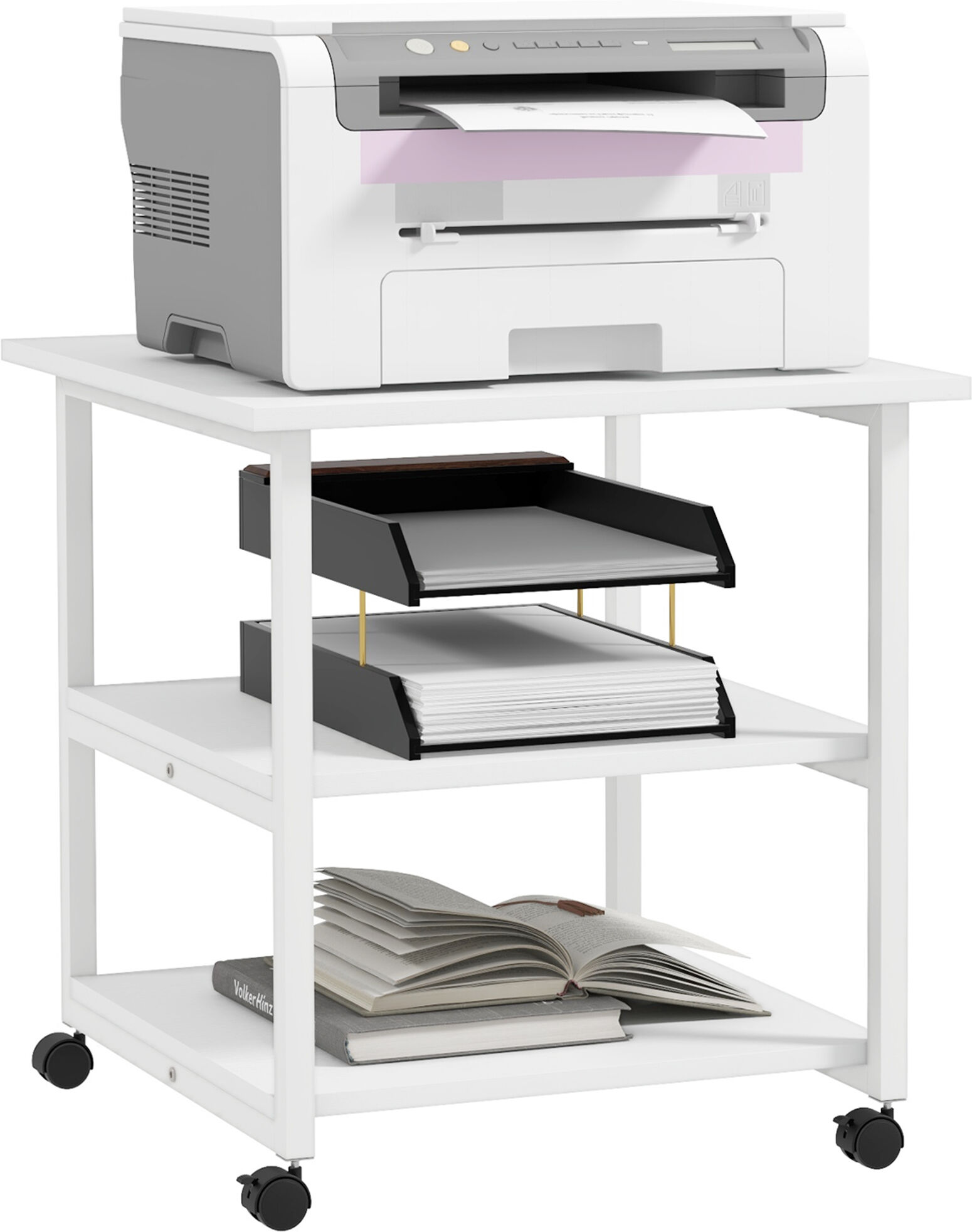 HOMCOM 3-Tier Printer Stand w/ Storage Shelf, Mobile Printer Table on Wheels, 50 x 50 x 52.5cm Rolling Printer Cart for Home Office, White Aosom UK