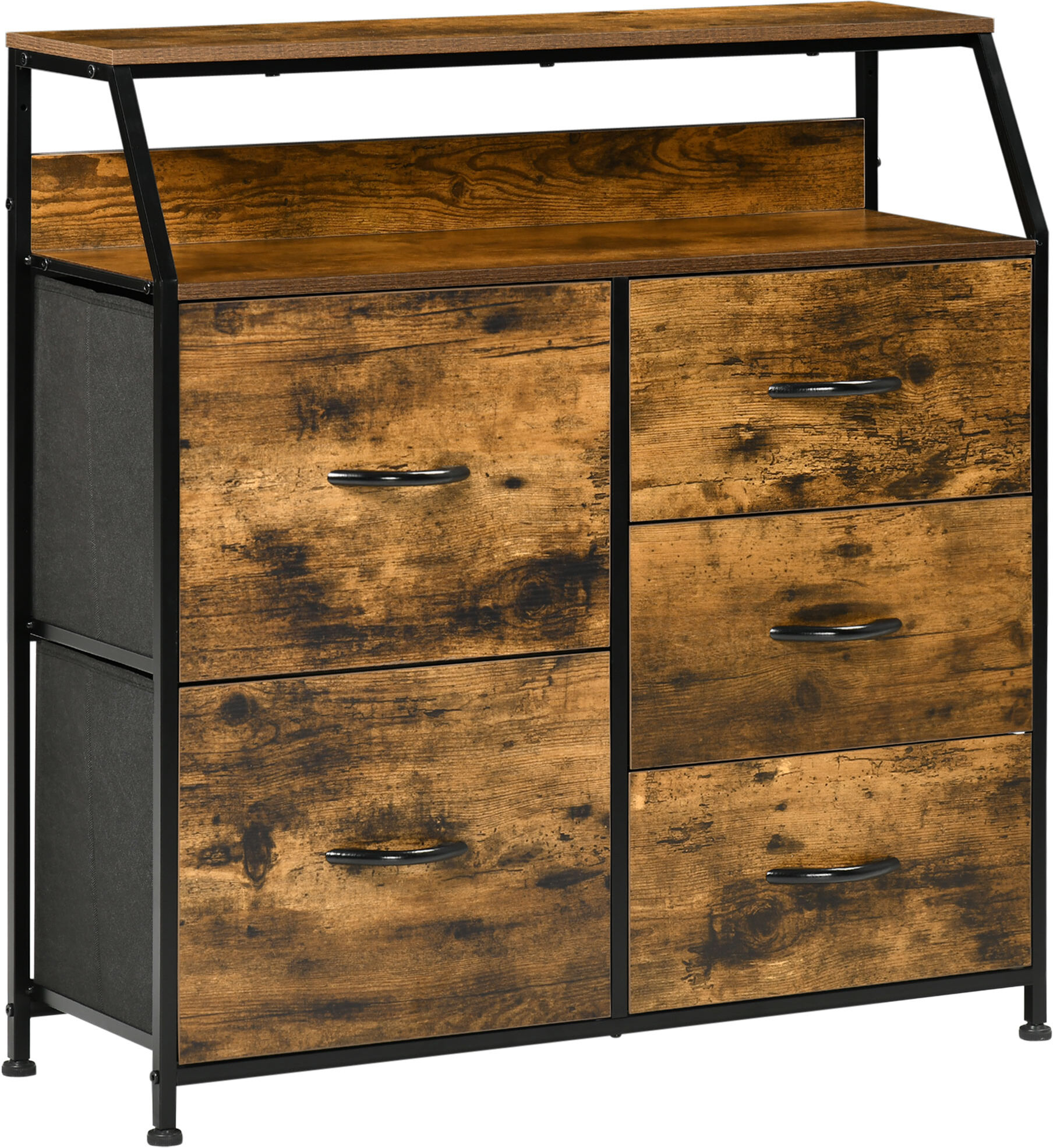 HOMCOM Bedroom Chest of Drawers, Industrial 5 Fabric Drawer Dresser with Open Shelf for Living Room, Rustic Brown Aosom UK